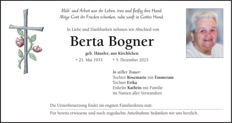 Traueranzeige Berta Bogner