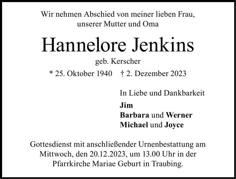 Traueranzeige Hannelore Jenkins