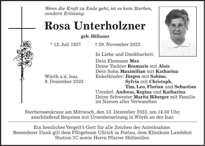 Traueranzeige Rosa Unterholzner