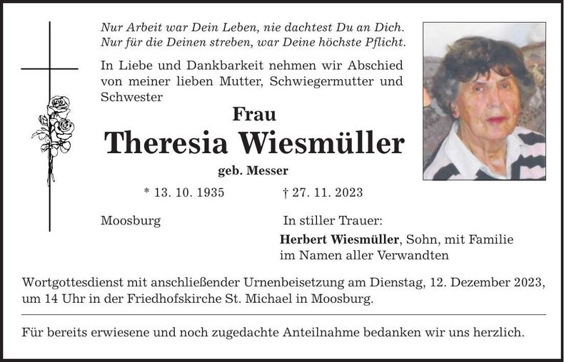 Traueranzeige Theresia Wiesmüller