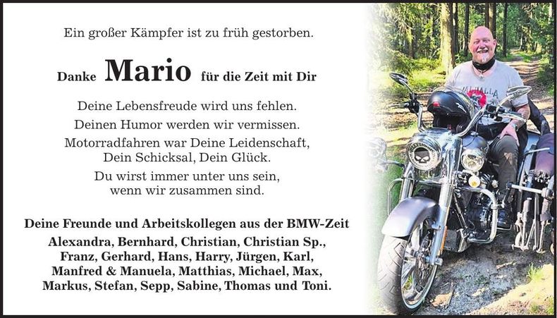 Traueranzeige Mario Petzendorfer