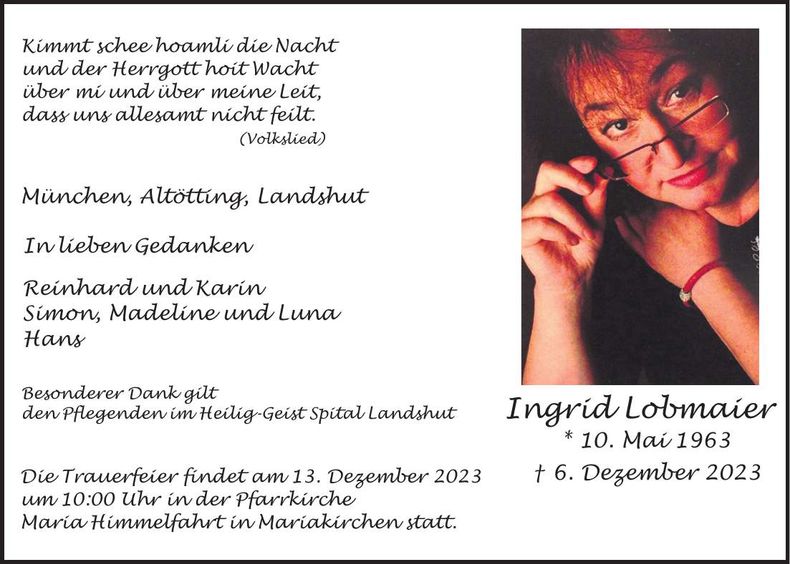 Traueranzeige Ingrid Lobmaier
