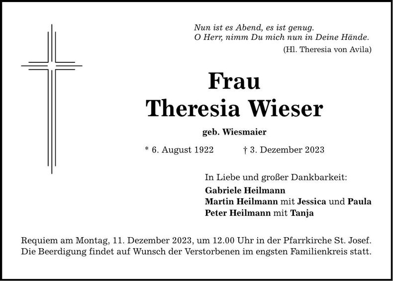 Traueranzeige Theresia Wieser