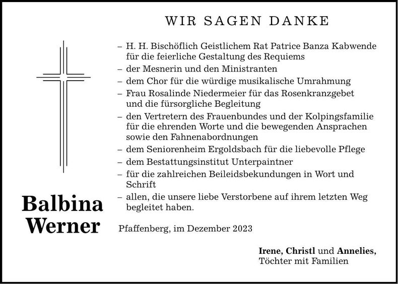 Traueranzeige Werner Balbina