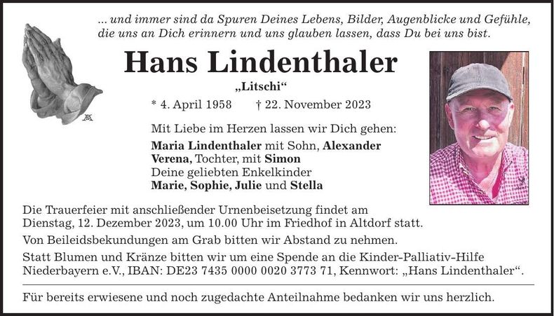 Traueranzeige Hans Lindenthaler