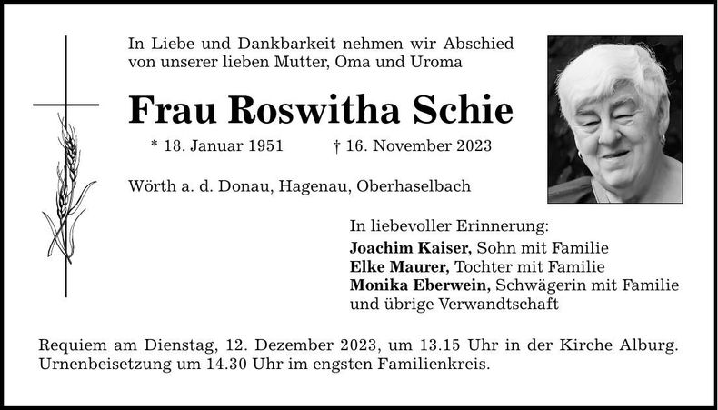 Traueranzeige Roswitha Schie