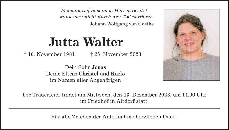 Traueranzeige Jutta Walter