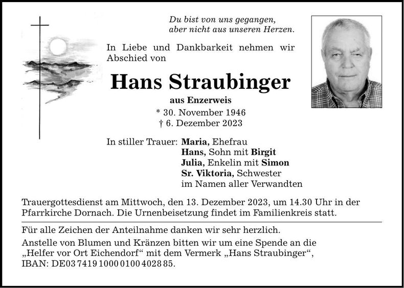 Traueranzeige Hans Straubinger