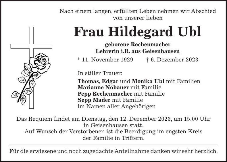 Traueranzeige Hildegard Ubl