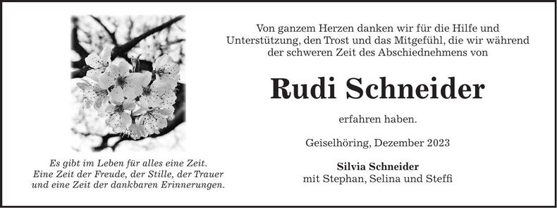 Traueranzeige Rudi Schneider