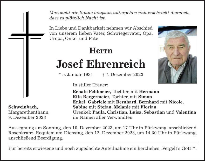 Traueranzeige Josef Ehrenreich
