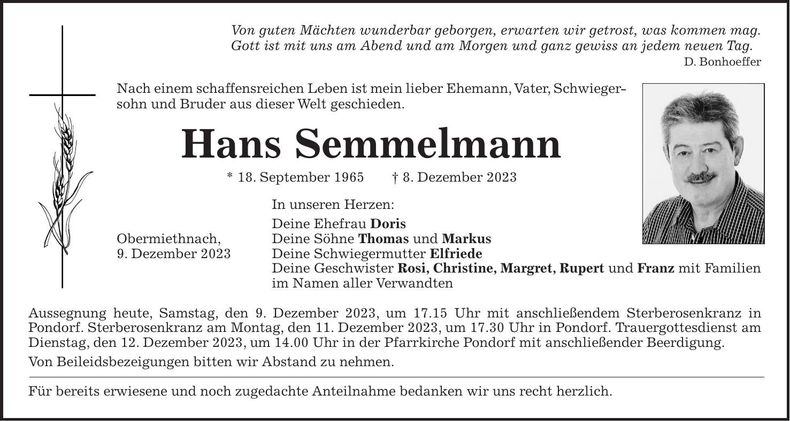 Traueranzeige Hans Semmelmann