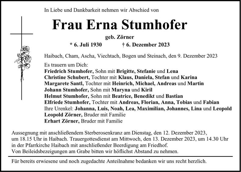 Traueranzeige Erna Stumhofer