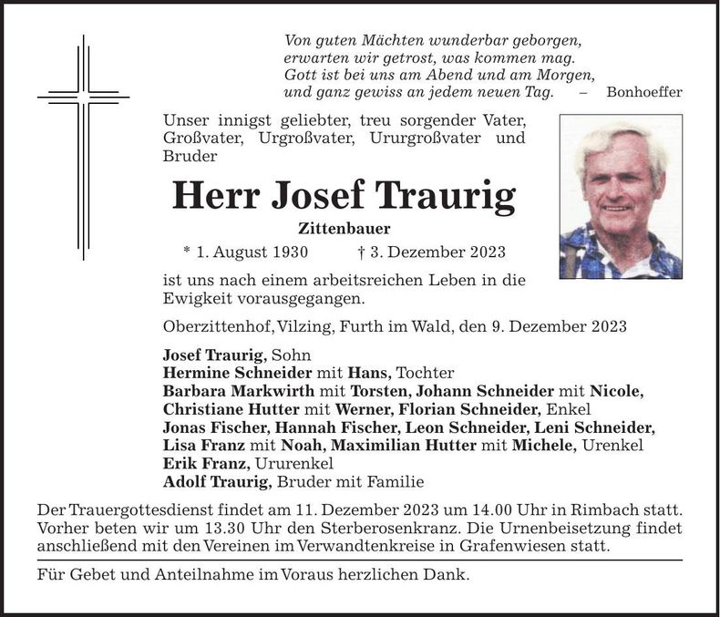 Traueranzeige Josef Traurig