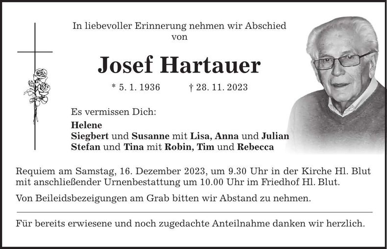 Traueranzeige Josef Hartauer
