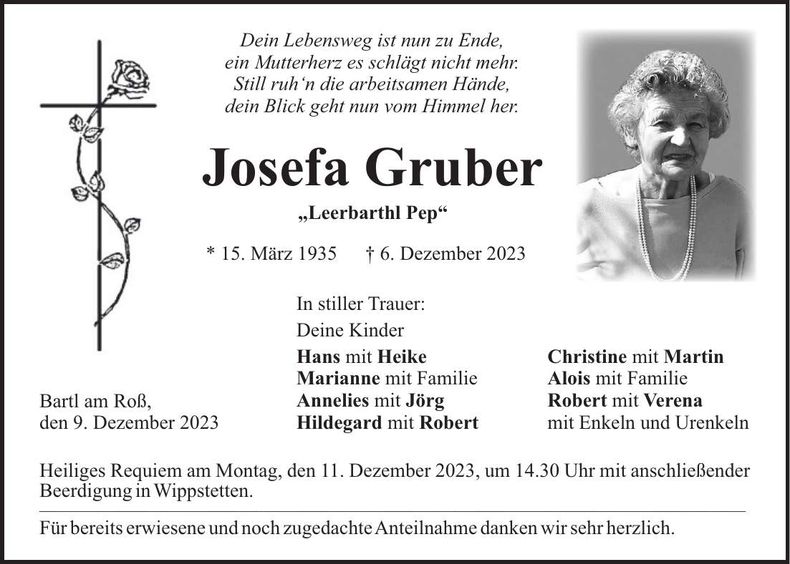 Traueranzeige Josefa Gruber