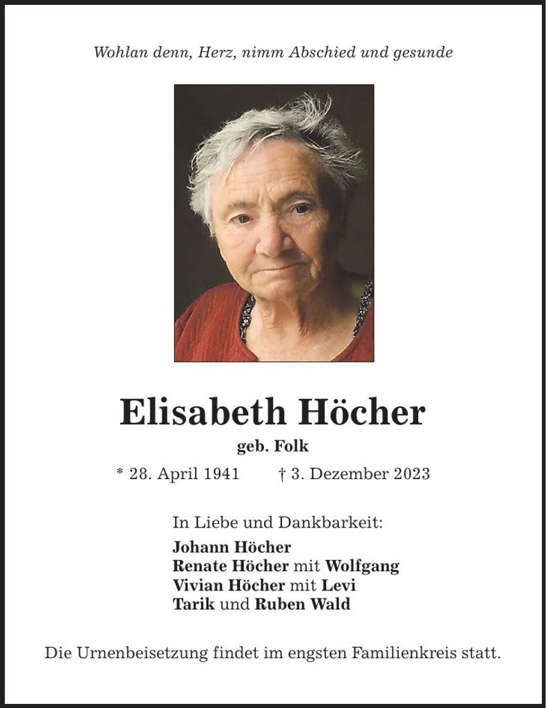 Traueranzeige Elisabeth Höcher