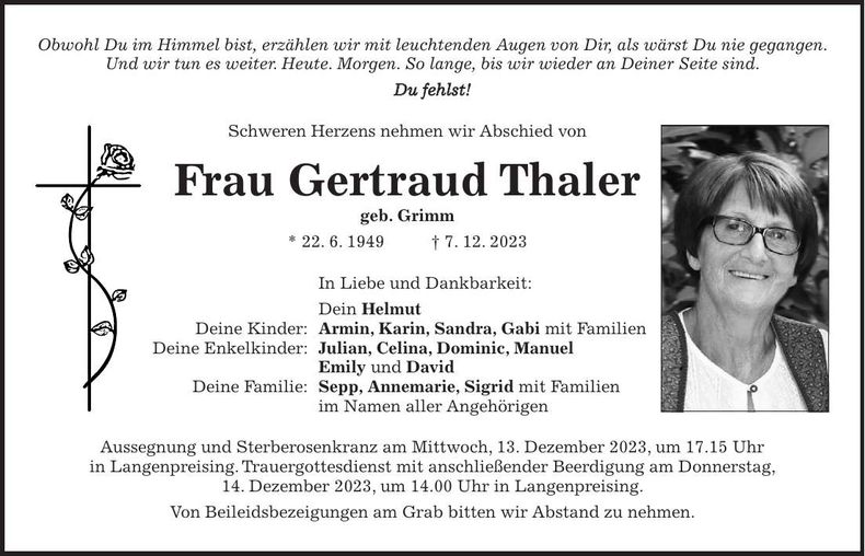 Traueranzeige Gertraud Thaler