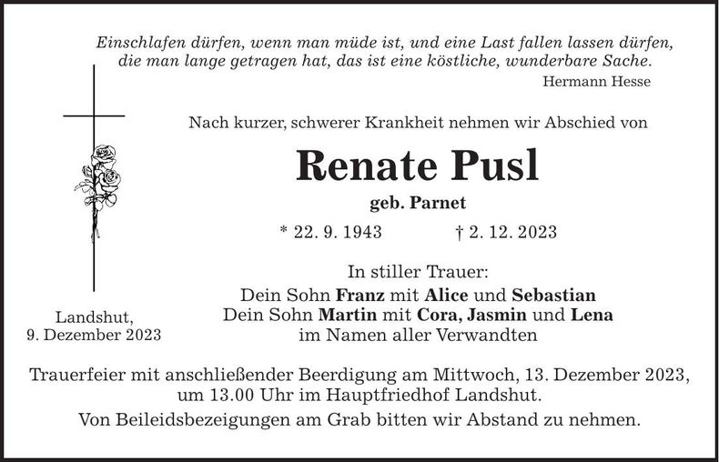 Traueranzeige Renate Pusl