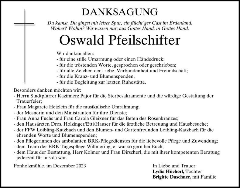 Traueranzeige Oswald Pfeilschifter