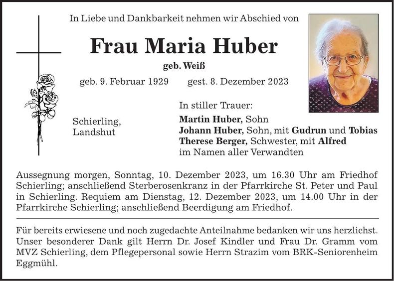 Traueranzeige Maria Huber
