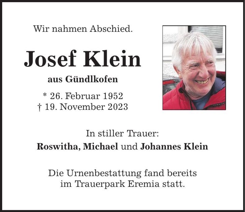 Traueranzeige Josef Klein