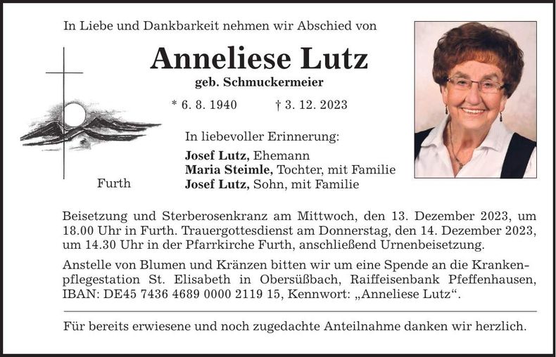 Traueranzeige Anneliese Lutz