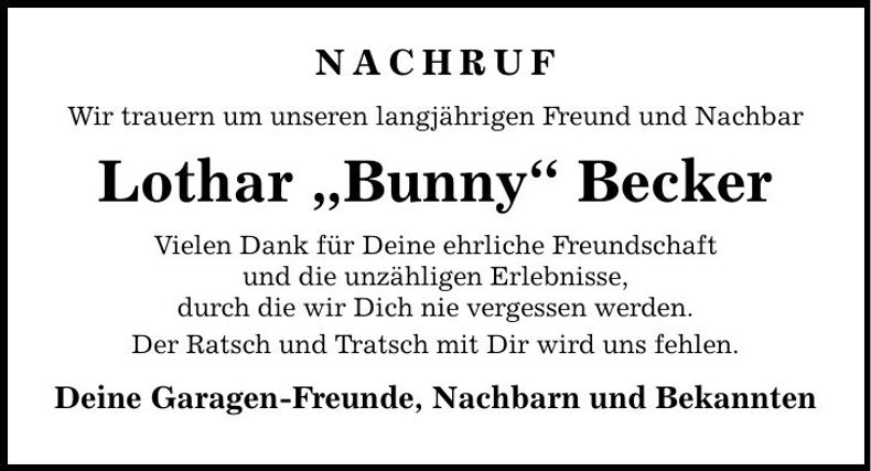 Traueranzeige Lothar "Bunny" Becker