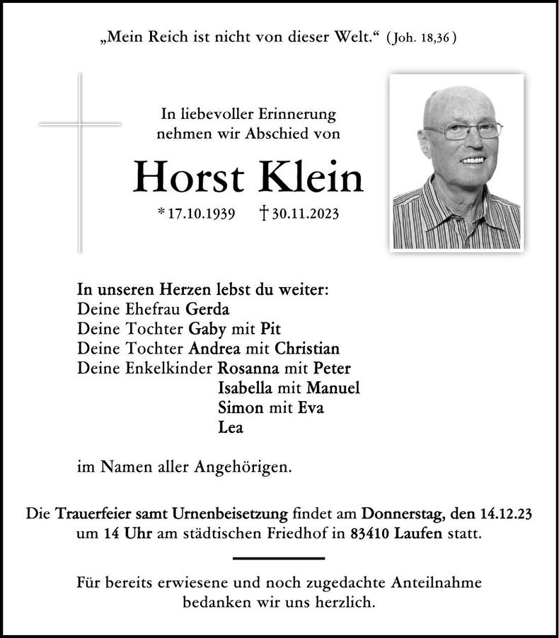 Traueranzeige Horst Klein