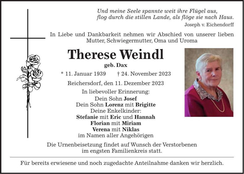 Traueranzeige Therese Weindl