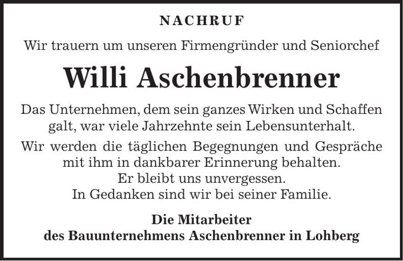 Traueranzeige Willi Aschenbrenner