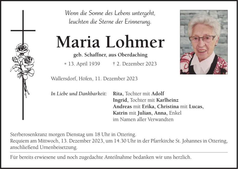 Traueranzeige Maria Lohmer