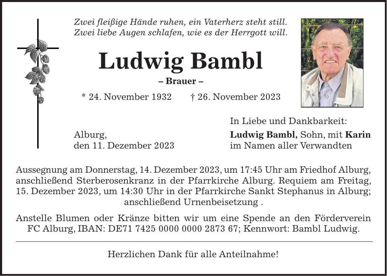 Traueranzeige Ludwig Bambl