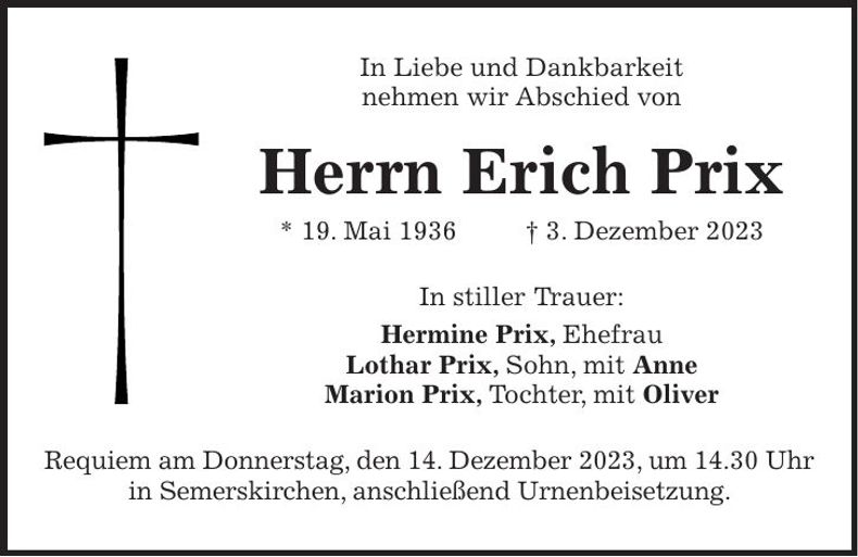 Traueranzeige Erich Prix