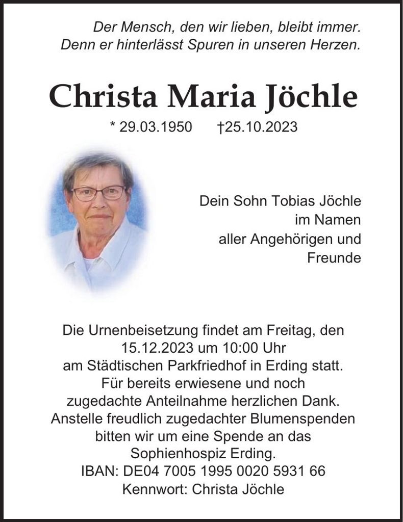 Traueranzeige Christa Maria Jöchle