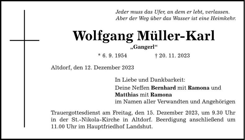 Traueranzeige Wolfgang Müller-Karl