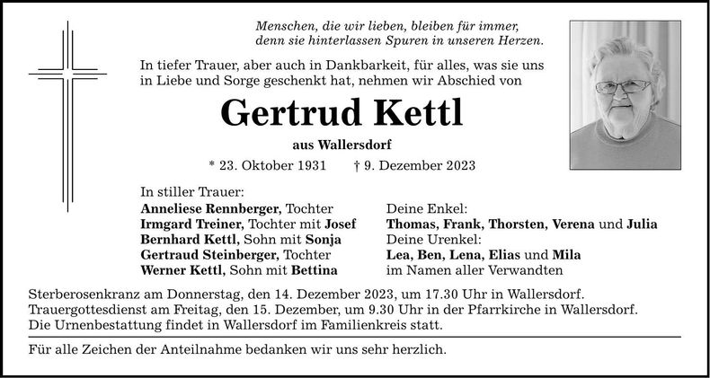 Traueranzeige Gertrud Kettl