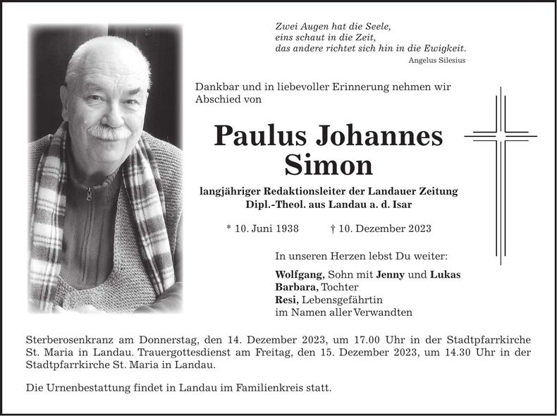 Traueranzeige Paulus Johannes Simon
