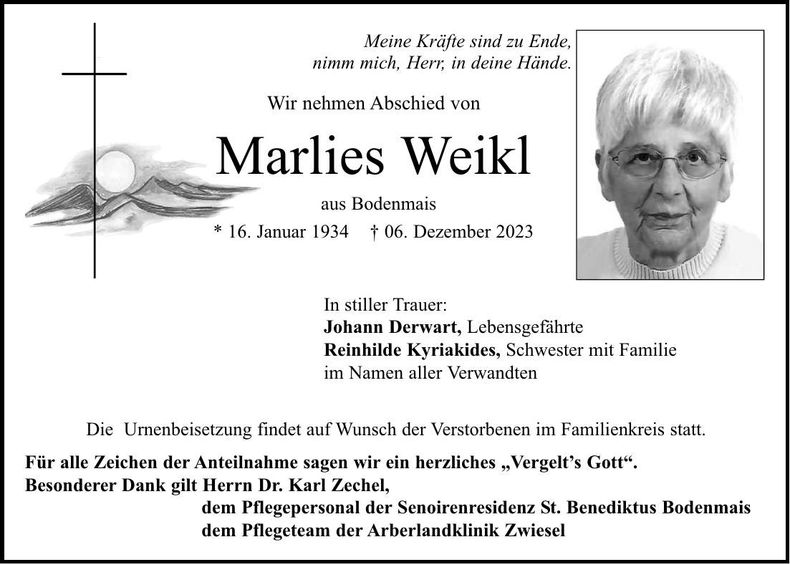 Traueranzeige Marlies Weikl
