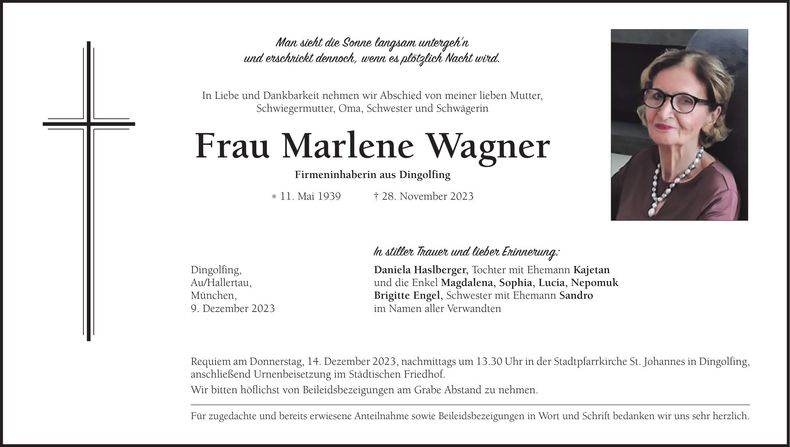Traueranzeige Marlene Wagner