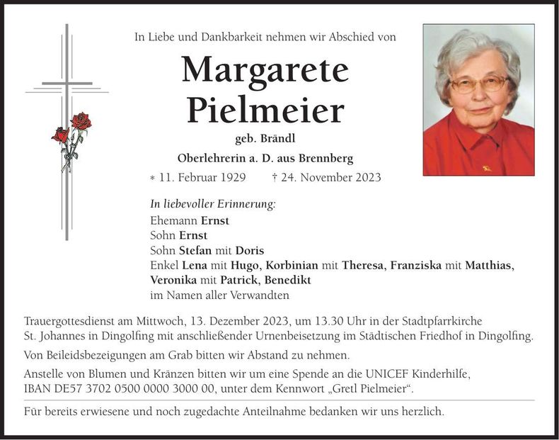 Traueranzeige Margarete Pielmeier