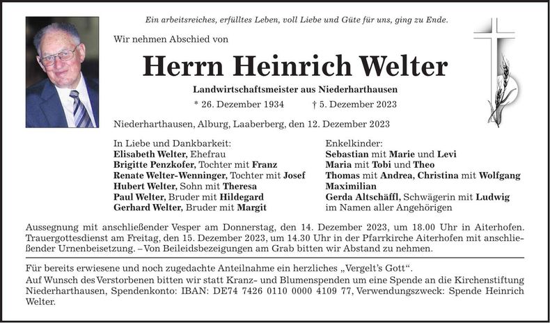 Traueranzeige Heinrich Welter