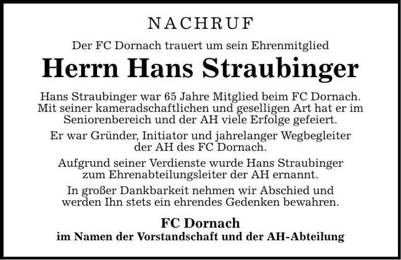 Traueranzeige Hans Straubinger