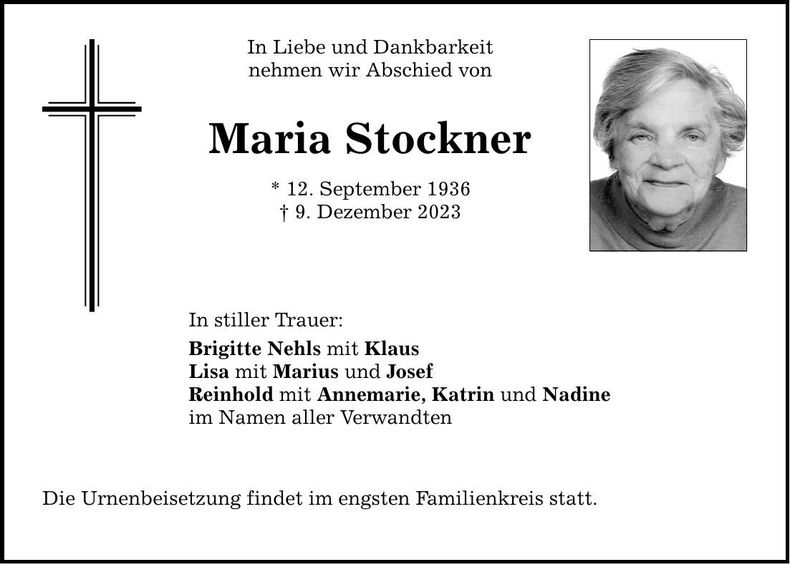Traueranzeige Maria Stockner