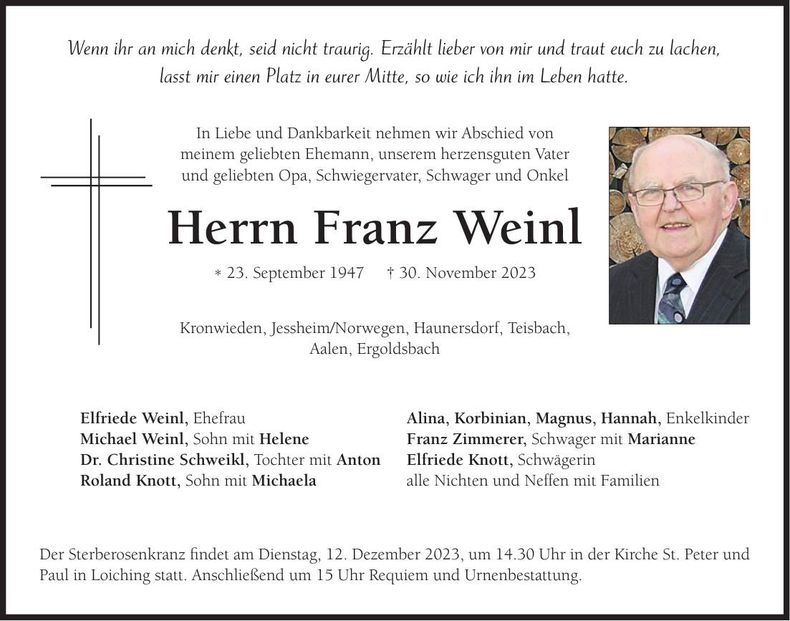 Traueranzeige Franz Weinl
