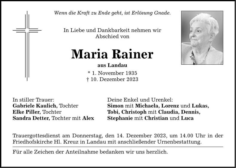 Traueranzeige Maria Rainer