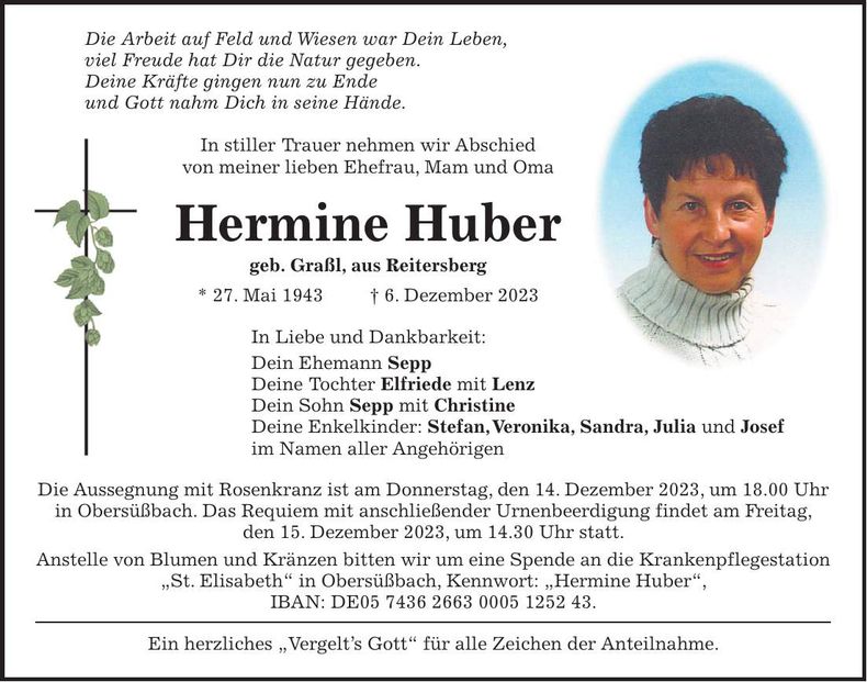 Traueranzeige Hermine Huber