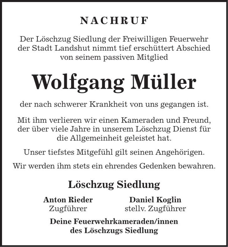 Traueranzeige Wolfgang Müller