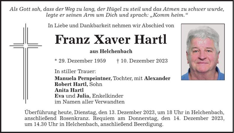 Traueranzeige Franz Xaver Hartl