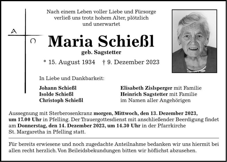Traueranzeige Maria Schießl